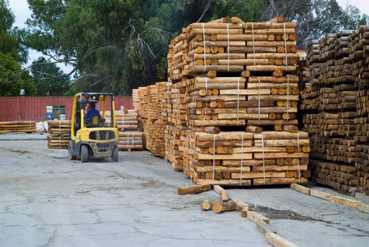 Yellow folk lift truck in wood factory or forestry timber depot