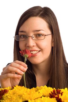 Secretary, assistant or student woman smelling valentine or gift flowers isolated on white and looking at camera
