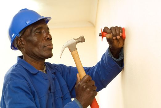 African American Construction Worker, Handyman, Holding Hammer, In Motion