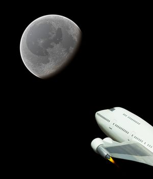 Rocket jumbo jet in space flight to the moon