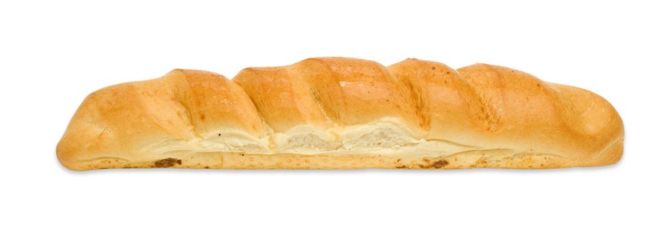 Baked French bread loaf on white