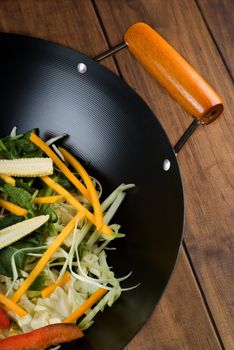 Raw stir fry food in wok ready for cooking