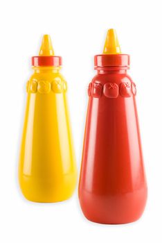 Tomato ketchup and mustard bottles - selective focus on ketchup bottle