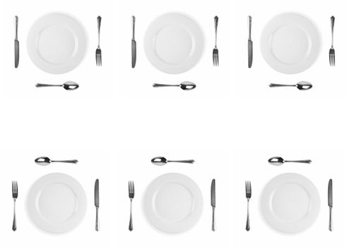 Image composite of six plate cuterly setting with knife, fork, plate and spoon