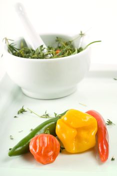 Mortar and pestle with herbs and chili or chilli vegetable food on white