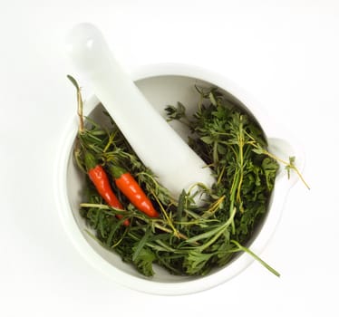 White mortal and pestle with herbs and red chili peppers