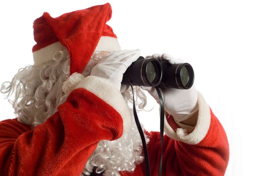 Father Christmas looking at the future business strategy with binoculars to the right