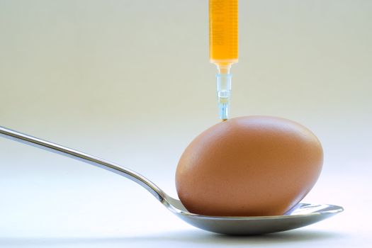 Genetic modification food concept of egg on spoon with medical injection and needle with orange fluid
