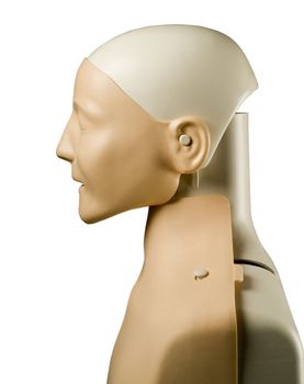 First aid medical practice mannequin or dummy isolated on white side view