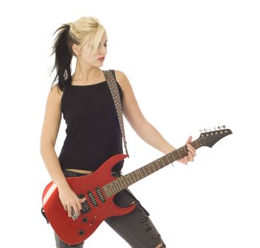 Woman with red guitar isolated on white