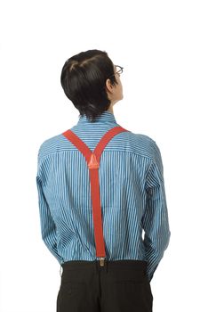 Back of nerd businessman manager with blue shirt and red braces from the back on white