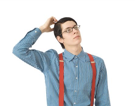 Thinking scratching head nerd businessman manager with blue shirt and red braces from the back on white