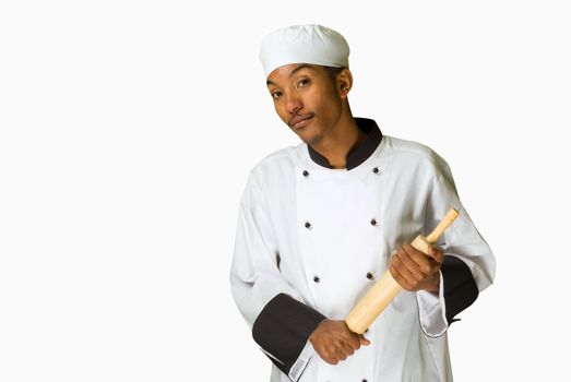 South African or American chef with rolling pin isolated on white