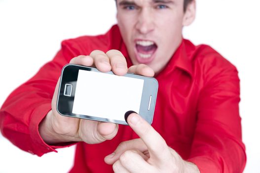 angry young business man showing mobile smart phone with empty screen