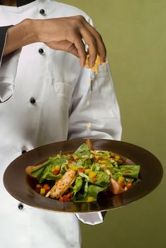 Close-Up of Chef Sprinkling Cheese on  Plate with Healthy Chicken Salad