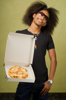 Trendy Young African American Male Posing with Some Pizza