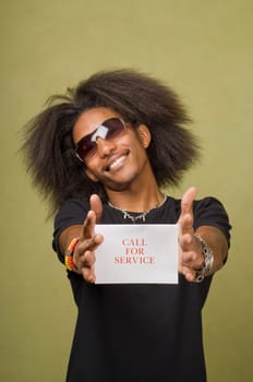 Trendy Young African American Holding Card, Call for Service