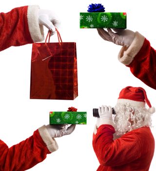 Father Christmas concept composite collage image holding boxes, present package and seeing strategy or vision through binoculars