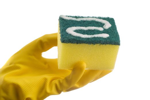 Yellow cleaing sponge and hand in protective glove