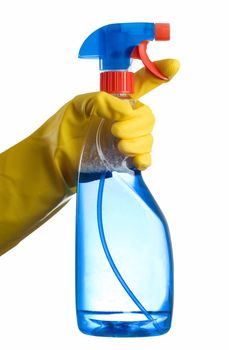 Blue transparent cleaning bottle with janintor or housewife hand in yellow glove