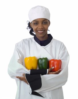 Studio isolated woman female chef with red and yellow peppers on white