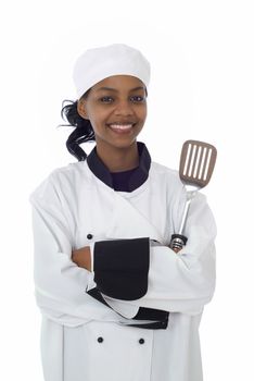 Female chef in work uniform with cooking utensil isolated on white