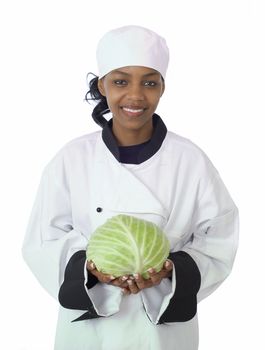 Studio isolated woman female chef with green cabbage on white