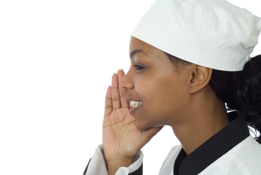 Working worker chef in profile gossiping or whispering isolated on white