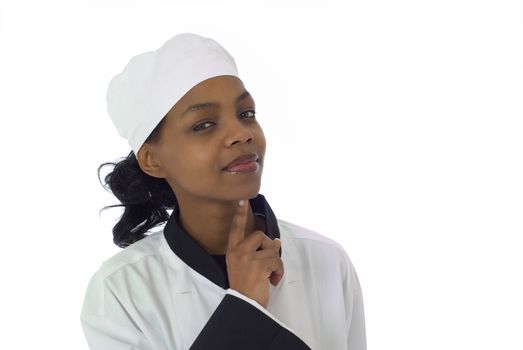 African American black woman chef with finger on chin looking at you