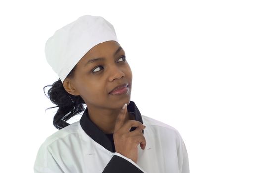 African American black woman chef with finger on chin looking right