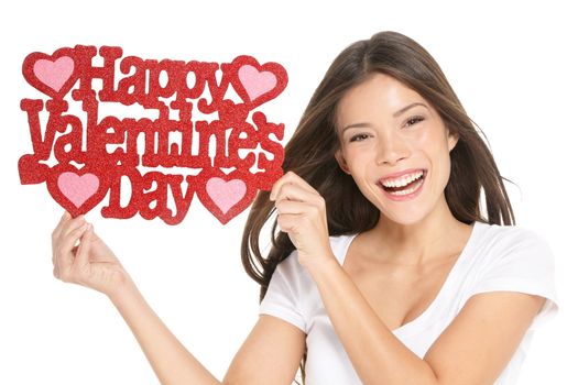 Valentines day. Woman showing holding sign excited with the text VALENTINES DAY.  Lovely happy multiracial Caucasian / Asian Chinese young woman isolated and cut out on white background in studio.