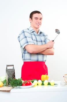 portrait of a young man, hold ladle and smile