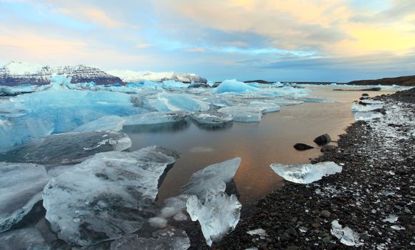 The glacier lagoon at sunrise in vatnajokull national parl