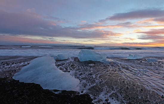 Ice shapes in the east fjords iceland at sunset in winter