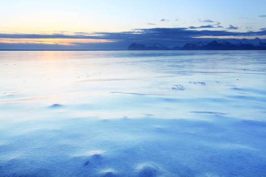 Ice shapes in the east fjords iceland at sunset in winter