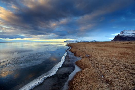 Ice shapes in the east fjords iceland at sunset in winter