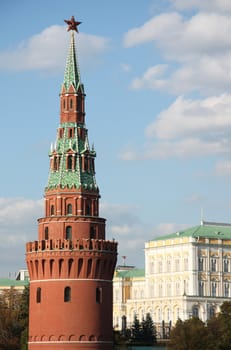 The Water Tower (Vodovzvodnaya or Sviblova) and Kremlin Palace of Moscow Kremlin, Russia