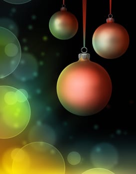 Three christmas baubles on dark background with bokeh effect. 3d render