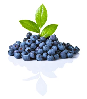 Fresh blueberries with green leaves isolated on white background