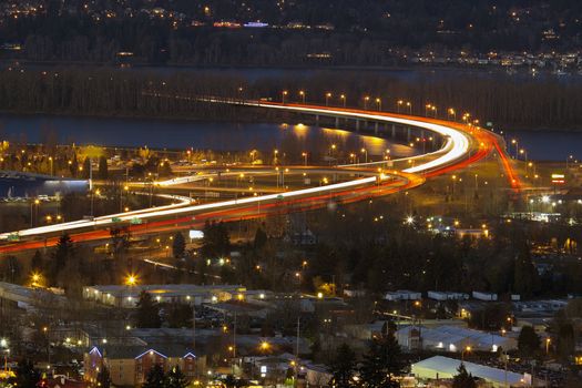 Interstate Freeway I-205 Over Columbia River Between Washington and Oregon State at Blue Hour