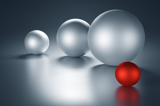 Red metal ball next to other metal balls with copy space. 3d render