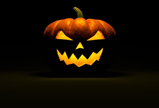 Jack O Lantern halloween pumpkin on black background with light reflection on the floor and copy space. Front view. 3d render