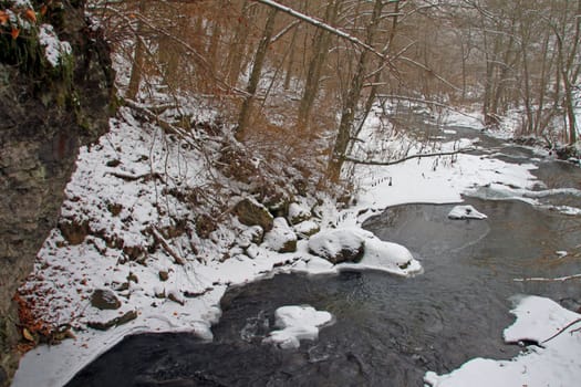 A river running through a forest in winter