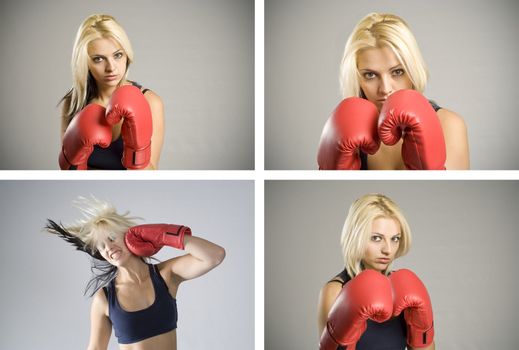 Collage combination of pretty fit blond woman boxer training or working out with red boxing gloves