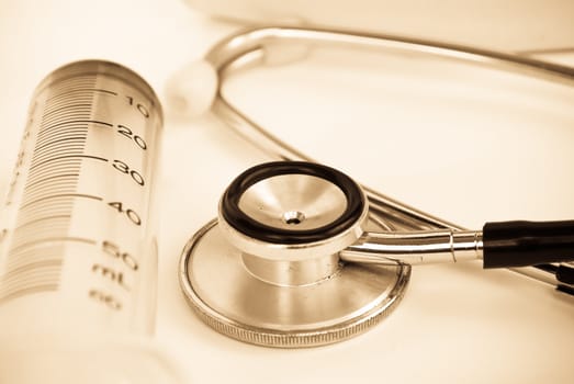 A stethoscope in front of medical