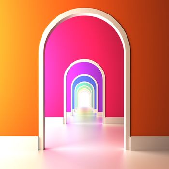A 3d illustration of archway to the colorful future.