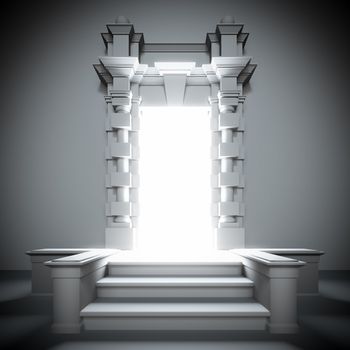 A 3d illustration of white portal to the future with bright light from him.