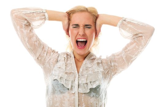 Portrait of blonde caucasian woman holding hands on her ears