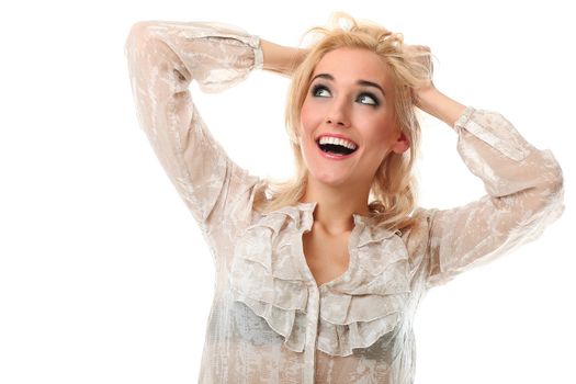 Young beautiful woman with blond hair smiling over white background