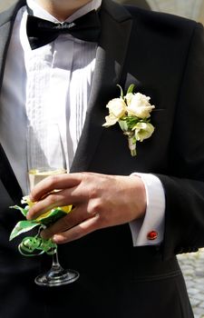Well dressed groom with a funny ladybird cufflink on his sleeve      